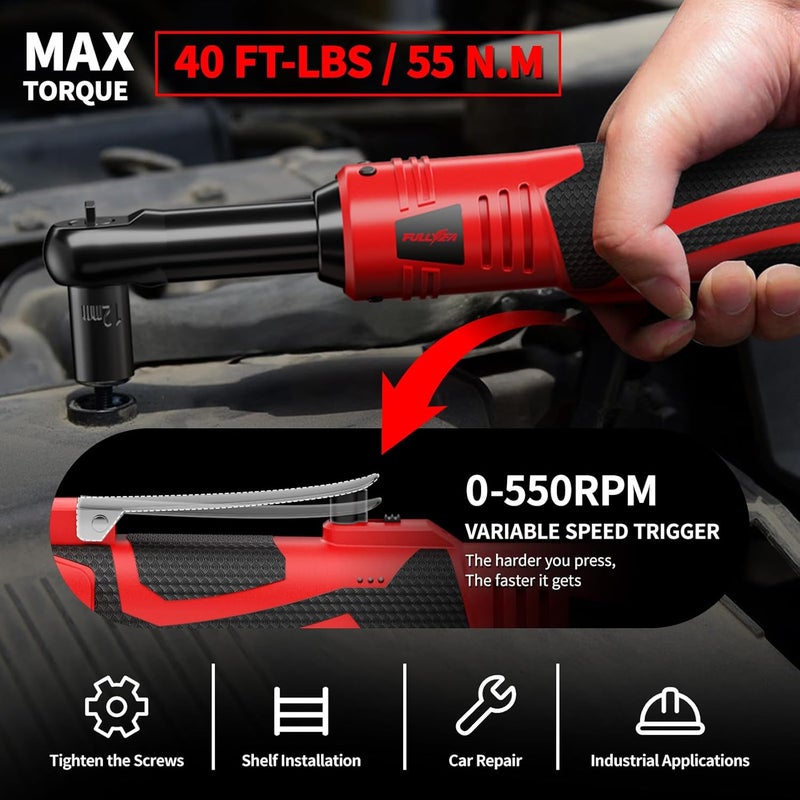FULLYEA Electric Ratchet Wrench Set, 550 RPM Cordless Ratchet Wrench, 3/8" 18V Power Ratchet Tools with Variable Speed, LED Light, 7 Sockets, 2 Packs 2.0Ah Lithium-Ion Battery and Fast Charger - Image 4
